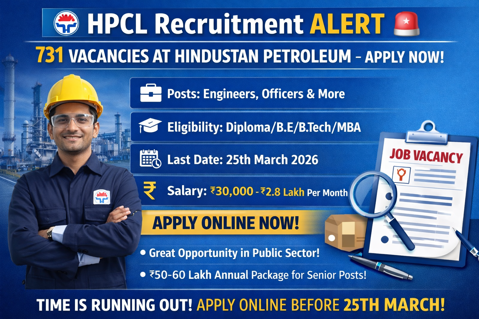 HPCL Recruitment 2026: 731 vacancies in Hindustan Petroleum – Salary from ₹30,000 to ₹2.8 lakh, apply now